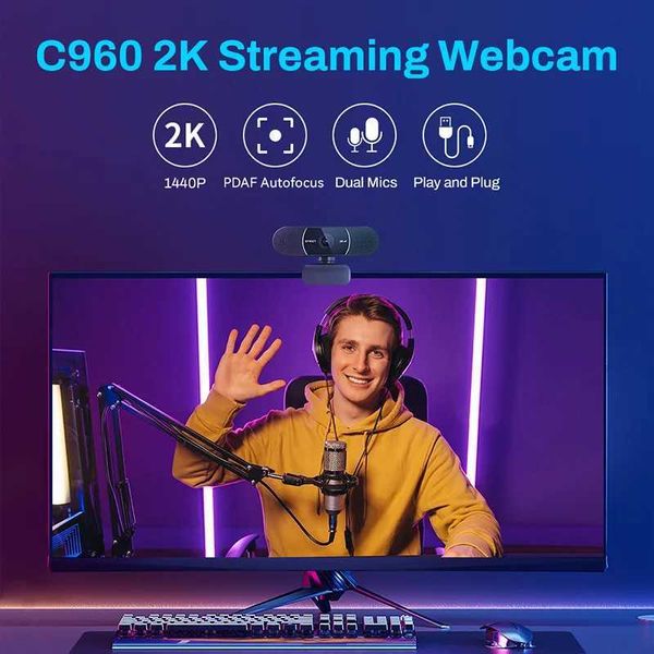 Webcam 2K Web Camera 1080P 60FPS Streaming Camera Autofocus EMEET C960 2K USB WebCam With Microphones for YouTube DesktopLaptop X2510181