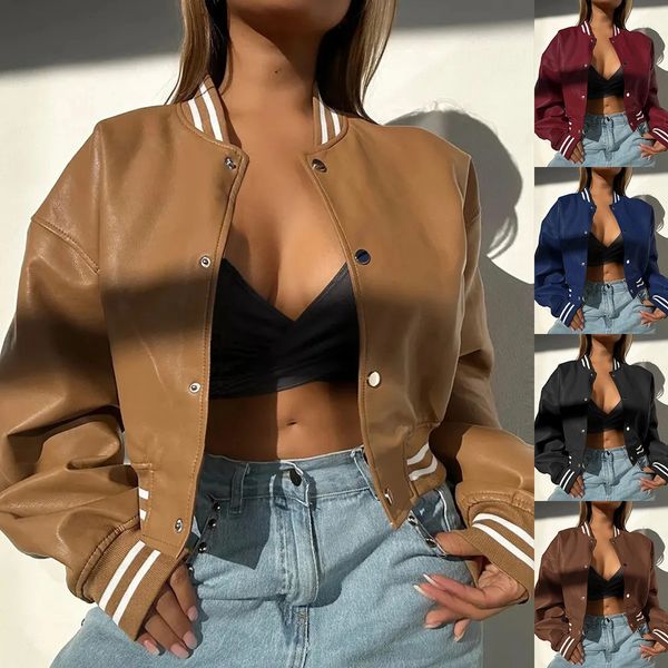Autumn Women Striped Baseball Single Breasted Jackets Fall Winter Long Sleeve Coats 2YK Motorcycle Girls PU Leather Outerwear 251009