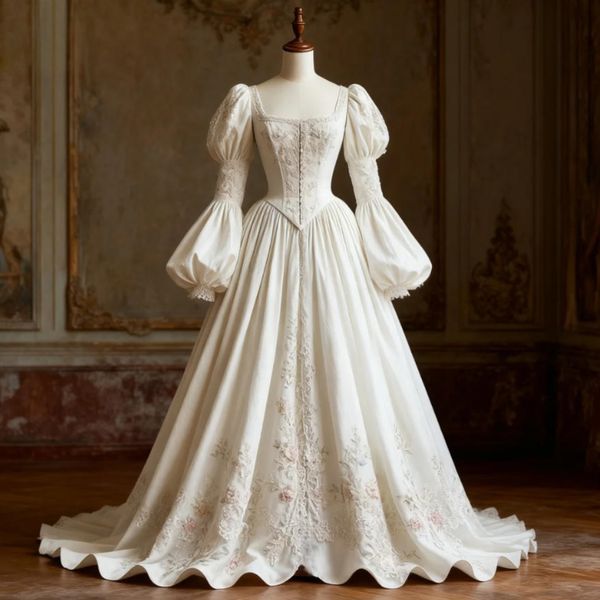 Vintage Victorian White Wedding Dresses Lace Appliques Long Sleeve Square Collar Medieval Princess Satin Bride Gown Back Lace-Up