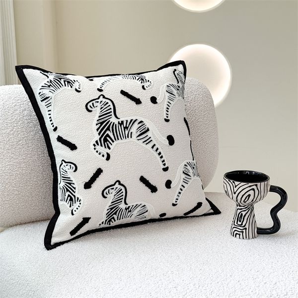 Elegant Black & White Luxury Designer Throw Pillow Cover - High-Quality Sofa Cushion 45x45 cm with Horse Pattern