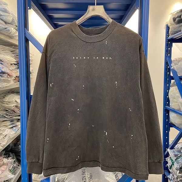 Blue Print Small Letters Long Sleeved T-Shirt Men Women Vintage Washed Black Splashed Ink T Shirt Tee Tops