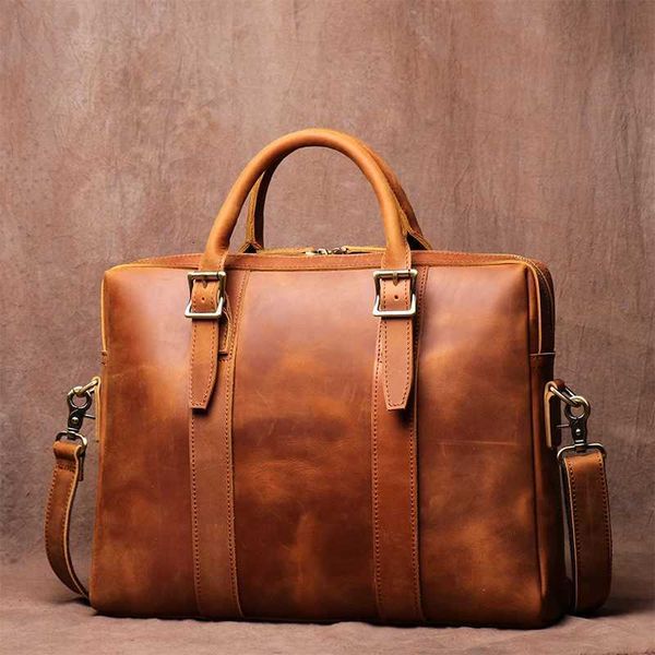 Vintage Cowhide Leather Lightweight Handbag Mens Business Office Briefcase 15 N…