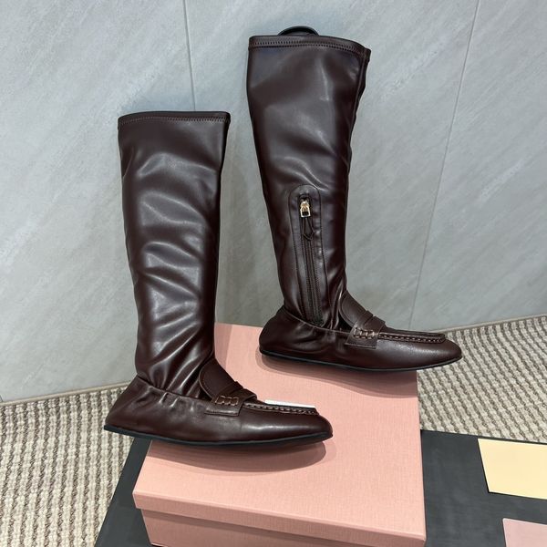Luxury leather boots designer women zip thigh high boots leather knee boots Fashion plain toes flat fall winter knee high boots