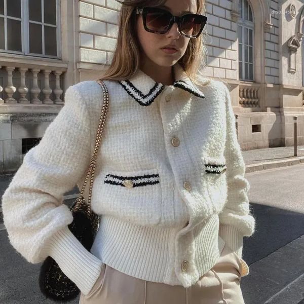 Women's Jackets Women White Tweed Short Jacket Turn-Down Collar Single Breasted Long Sleeve Winter Lady Slim Classic Warm Coats 89xt#