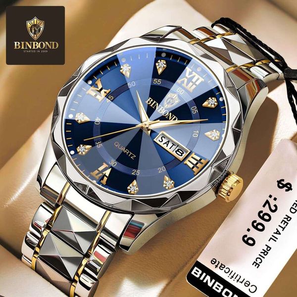 BINBOND Waterproof Luminous Dual Calendar Men's Quartz Watch Dia-Shaped Pointed Glass