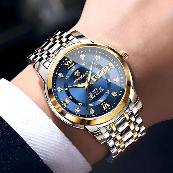 Bing Quartz Movement Waterproof Luminous Business Fashion Dual Calendar Dia-Studded Steel Band Butterfly Clasp Men's Watch