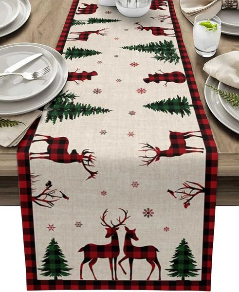 Christmas Elk Deer Holly Tree Linen Table Runner Dresser Scarves Reindeer Xmas Kitchen Dining Table Runner Navidad Decorations L260616