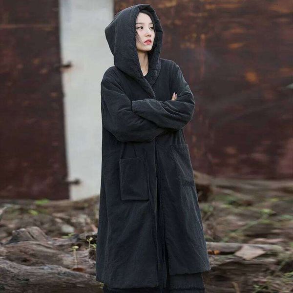 Johnature Women Black Hooded Warm Long Sleeve Winter Coats 2025 New Female Chinese Style Bandage Parkas Goose Coat Women