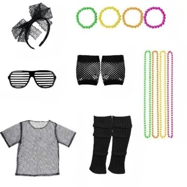 The neon 7-piece set from the 1980s includes a hair band, sunglasses, mesh clothing, knitted leg socks and a colorful beaded chain bracelet
