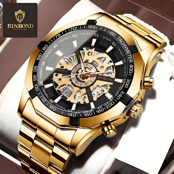 Binbond Men's Blue Waterproof Hollow Non-Mechanical Watch Black Metal Wristwatch