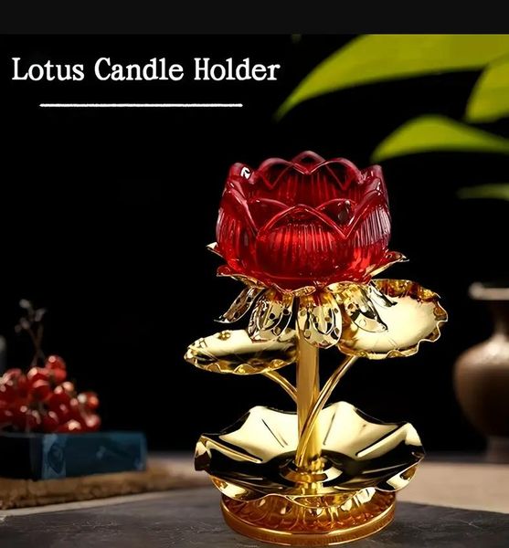 5 Inch Red Crystal & Golden Lotus Candle Holder Elegant Tabletop Religious Home Decor with Buddha Statue & Candles