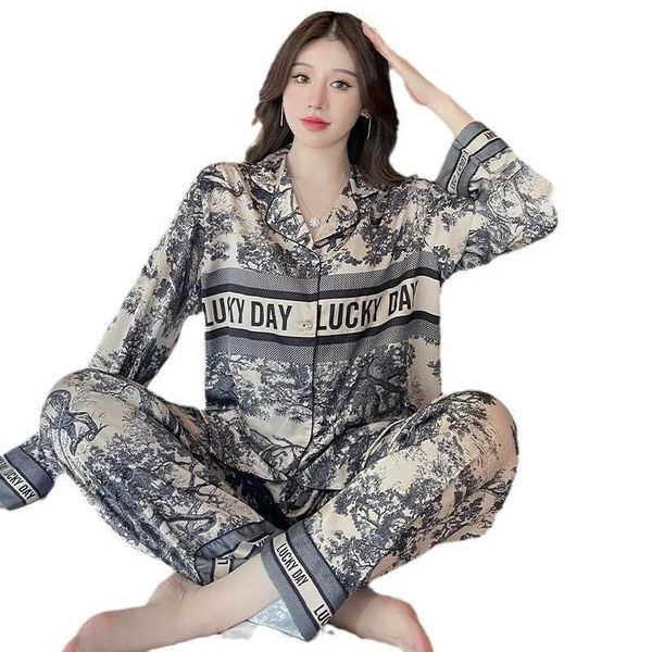 Ice Silk Pajamas Womens Inkwash Painting Longsleeved Shirts And Long Pants High…