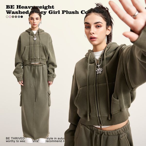 2026 new model 2025 autumn/winter women's hoodie retro washed hot and spicy girl zipper jacket fleece lining distressed short luxury hooded sweatshirt