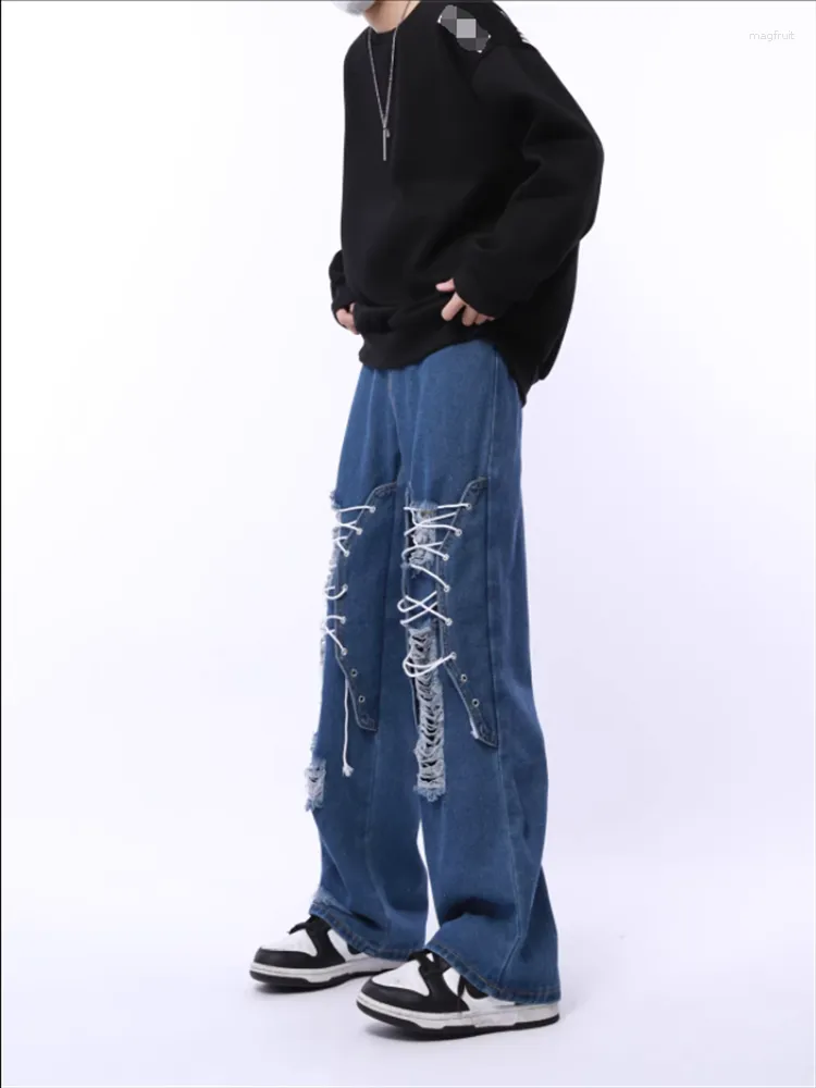 men's jeans 2023 american vintage lace-up design feeling ripped wide-leg pants straight leg loose for men and women, Blue
men's jeans 2023 american vintage lace-up design feeling ripped wide-leg pants straight leg loose for men and women, Blue