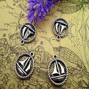 60 pièces-breloques de bateau à voile, ton argent, pendentifs ronds à 2 faces, breloques nautiques, 19x16mm261Z