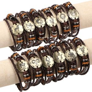 60pcslot 12 Constellation Zodiac Tressé Brun Bracelets En Cuir Bracelets Pour Hommes Femmes Punk Bélier Lion Balance Bijoux En Gros