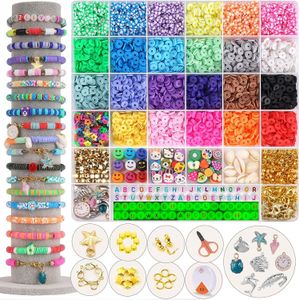 Juego de 6100 cuentas de arcilla para hacer joyas de bricolaje, cuentas planas de surfista Heishi, arcilla polimérica, letras del alfabeto UV, abalorios hechos a mano, kit de pulsera de amistad