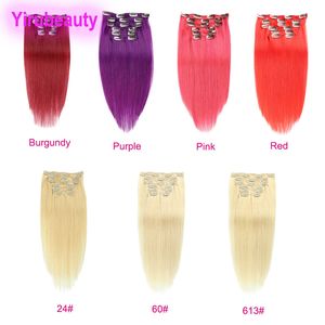 613 # 60 # 24 # Clip de cheveux humains brésiliens dans les extensions de cheveux Bourgogne 14-24 pouces 70g 100g Clips en gros vierges sur les produits droits