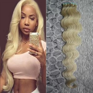 613 Bleach Blonde Grado 7a Extensiones de cabello con cinta sin procesar 100g 40pcs Onda del cuerpo de la Virgen brasileña Extensiones de cabello con cinta de trama de piel