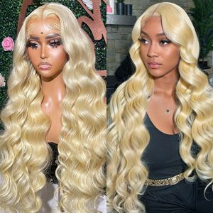 613 Lace Frontal Wig 220% densité 13x4 Blonde Body Wave Perruques de cheveux humains Transparent Glueless 36 30 pouces T Part Lace Front Wigs pour femmes