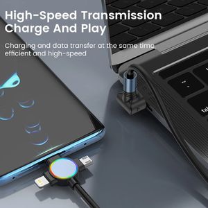 66W Lumière LED de streaming colorée 3 en 1 Micro USB Micro USB Câble de données de charge rapide pour iPhone 15 14 Xiaomi Huawei