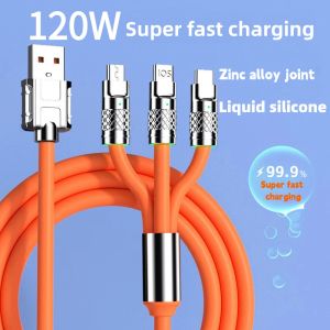 6A 120W 3in1 Cable de cargador rápido USB para iPhone 14 Micro USB Tipo-C Cable de carga de silicona líquida de 8 pines para Huawei Samsung Xiaomi Cable de cable 1.2m/2m con caja minorista