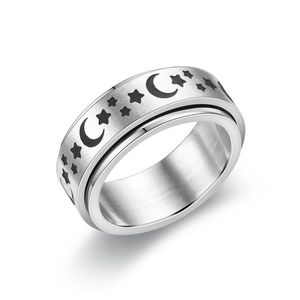 6mm Moon Star Sun declaración banda anillo de acero inoxidable Boho joyería ansiedad anillo ancho tallado preocupación banda para Mujeres Hombres adolescentes tamaño 5-12