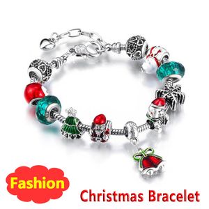 6 UNIDS Navidad Santa Bell Charm Pulseras Hebras DIY Fabricación de Joyas Verde Árbol de Navidad Color Plata Aleación Pulsera de Cuentas de Cristal