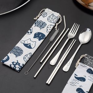6pcs Set Stainless Steel Cutlery Flatware Kits Portable Travel Dinnerware Sets With Cloth Bag Straw Chopsticks Fork Spoon DBC BH2755