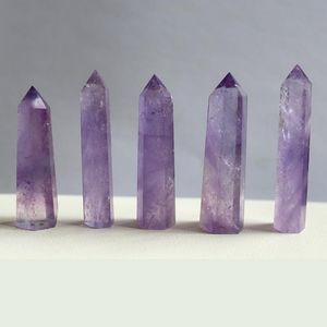 7 ~ 10 cm Natural Amatista Cuarzo Pilar Púrpura Punto de cristal Artes Ornamento Mineral Reiki Curación obelisco varita piedra de energía de seis lados