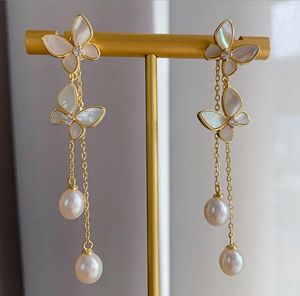 Pendientes de perlas de agua dulce con borlas de mariposa de concha de 7-8mm, joyería de moda blanca para mujer/niña