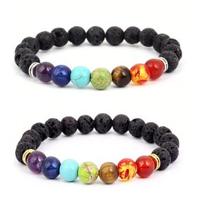 Pulsera difusora de aceites esenciales, 7 Chakras, 8MM, cuentas de Yoga, brazalete, pulseras elásticas de piedra de Lava Natural, cuerdas de mano, joyería Kimter-B124S FZ