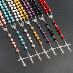 7 colores religiosos católicos rosario collares Jesús cruz colgante largo 8 mm perlas perlas cadenas para mujeres hombres joyería cristiana accesorios regalo estético Bijoux