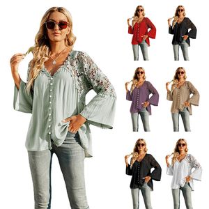 Camiseta holgada de encaje de talla grande para mujer, camisa de gasa de manga larga de Color sólido con escote en V profundo, 7 colores