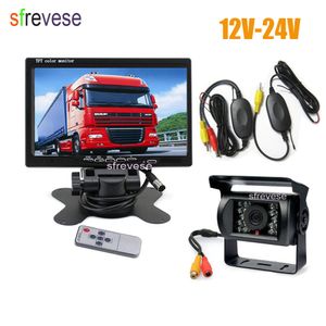 7" LCD Monitor Car Rear View Kit + Waterproof 18 IR LED Wireless Reversing Backup Camera for Bus Truck Caravan 12V-24V