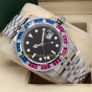 7 Estilo Reloj de diamantes Hombres 40 mm Fecha Automático Esfera negra Diamante Asiento de rubí Diamante azul rojo 126710 Bisel baguette Pulsera de acero inoxidable 116710 Relojes de oro