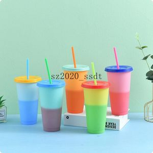 700 ml Tazas que cambian de color Plástico reutilizable Tazas de agua ecológicas Tapa Paja Vaso de plástico Tazas para bebidas Decoloración del vaso duradero