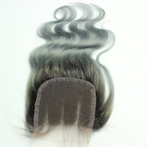 1B gris foncé 4x4 dentelle fermeture brésilienne vague de corps cheveux Ombre cheveux humains partie centrale libre