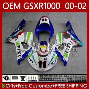 Kit carrosserie OEM pour SUZUKI GSXR 1000 CC GSXR-1000 01-02 Carrosserie 62No.8 GSXR1000 K2 1000CC 2001 2002 2002 GSX-R1000 GSX R1000 00 01 02 Moule à injection Carénages course bleu stock