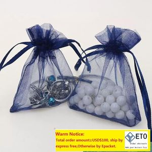 Bolsas de embalaje de joyería de Organza azul marino de 7x9cm, bolsas pequeñas con cordón, saco de tul, impresión de logotipo personalizado, venta al por mayor