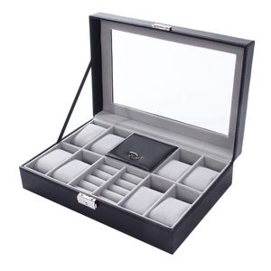 Boîtes à montres grilles mixtes Wacth Box étui en cuir organisateur de stockage bijoux de luxe anneau affichage noir qualité 2 en 1