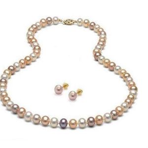 8-9 mm Blanco Rosa Púrpura Multicolor Natural Mar del Sur Collar de perlas 20 pulgadas Juego de aretes 14k Gold263B