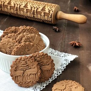 8 diseños en relieve Wood Rolling Pin Harina Roller Stick Horne Safe para fondant Pie Crust Cookie Pastry Mastry Herramientas de cocina Herramientas