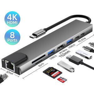 Hub USB 3,0 8 en 1 para Macbook, Lenovo, adaptador para ordenador portátil, carga PD, estación de acoplamiento de 8 puertos, RJ45, HDMI-4K, tarjeta TF/SD tipo C Splitt