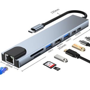 8 in 1 USB 3.0 Hub For Laptop Adapter PC Computer PD 100W Charger 8 Ports Dock Station RJ45 HDTV TF/SD Card Notebook Type C Splitter