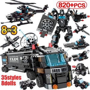 820PCS City Police Station Truck Deformation Robot Helicopter WW2 Car Building Block SWAT Weapons Bricks Toys For Kids X0902