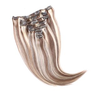 8pcs / set 100g marrón castaño highlight clip rubio en extensiones de cabello doble trama piano 6/613 clip en extensiones de cabello humano