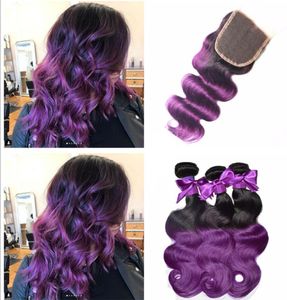 8A MALAYSIAN PURPLE Ombre Lace Close avec Bundles Two Tone 1B Purple Human Hair with Close Cosplay Purple Dark Roots Bundles8178731