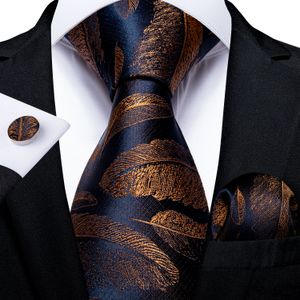Corbatas de seda para hombre con estampado de plumas doradas de 8cm, juego de gemelos y pañuelo, corbata de fiesta de negocios, regalo para hombres DiBanGu