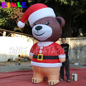 Ours en peluche gonflable géant marron de noël, 8mH (26 pieds), avec souffleur, avec chapeau rouge, pour décoration publicitaire de vacances